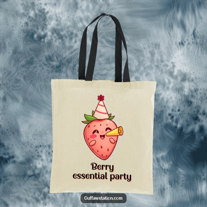 Funny cheerful strawberry in a party hat blowing a horn, featured on a durable and festive tote bag.