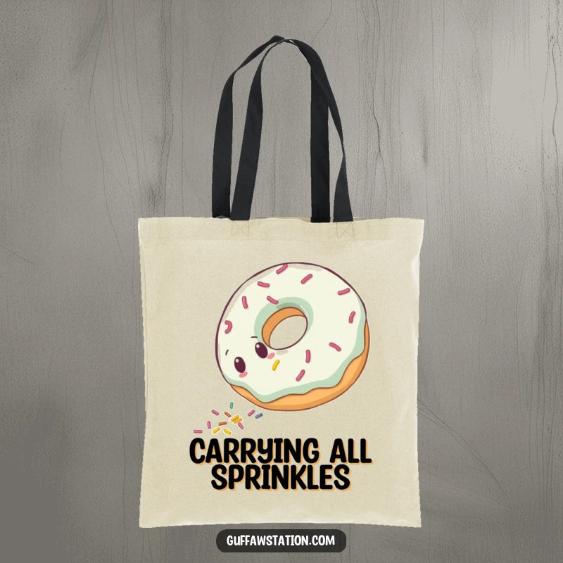 Funny clumsy donut character rolling downhill and scattering sprinkles on a durable tote bag.