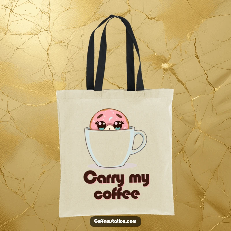 Funny donut tote bag depicts a surprised donut peeking from behind a giant coffee cup, ready for daily adventures.