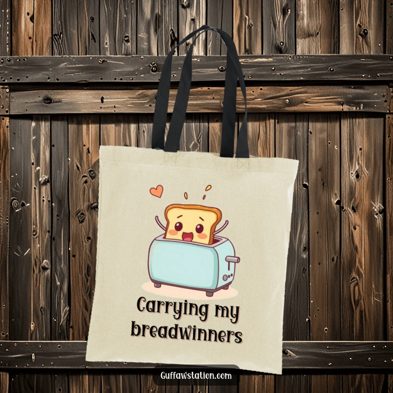 Funny tote bag showcasing a surprised piece of toast, launching out of a toaster in a humorous, flying kitchen escapade.