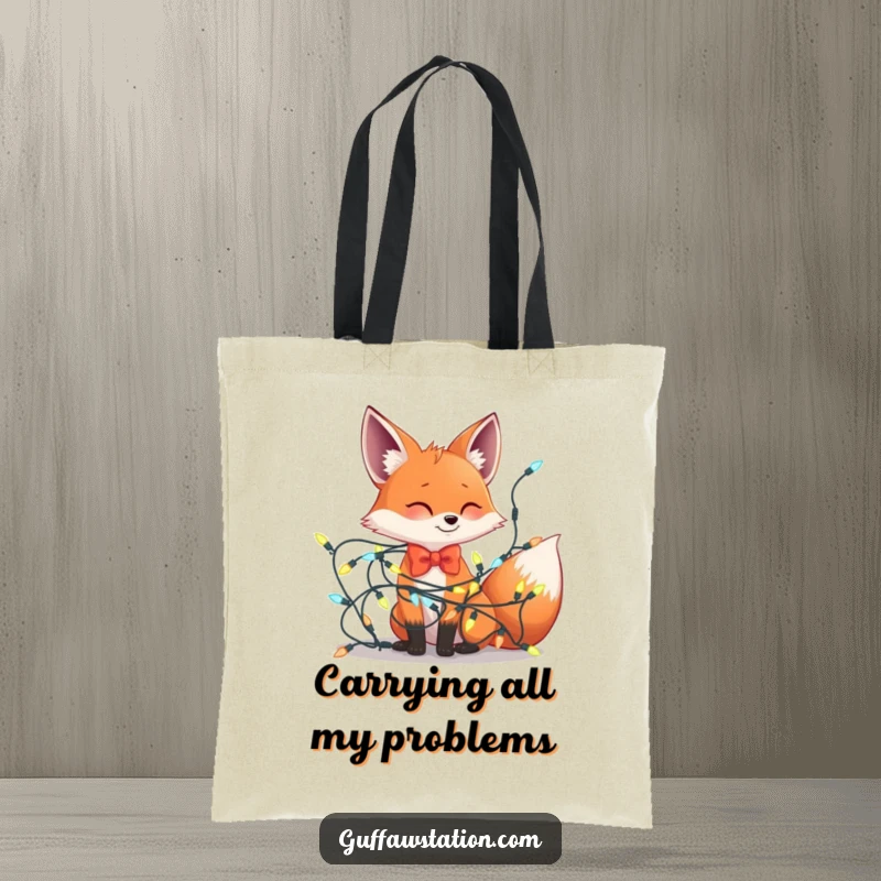 Funny tote bag illustrating a fox with a bowtie tangled in a massive string of holiday lights, a comical accessory for festive outings.