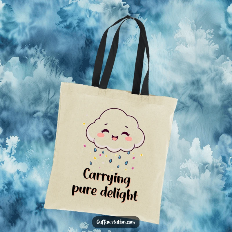 Funny smiling cloud raining colorful confetti, a humorous and practical tote bag.
