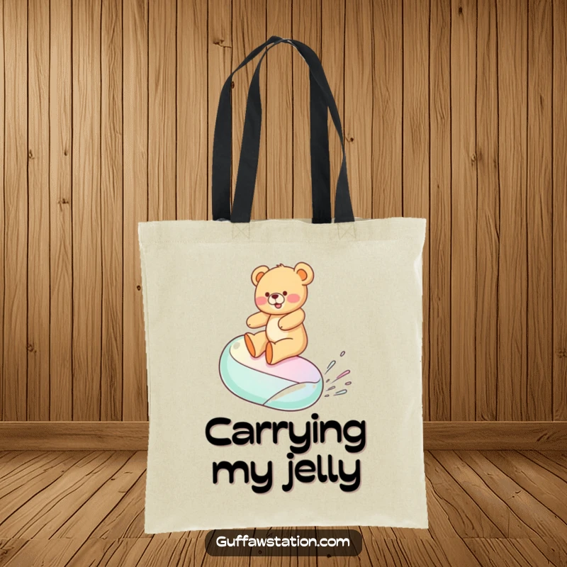 Funny tote bag illustrating a teddy bear joyfully surfing on a large, unstable jelly bean, perfect for carrying essentials with flair.