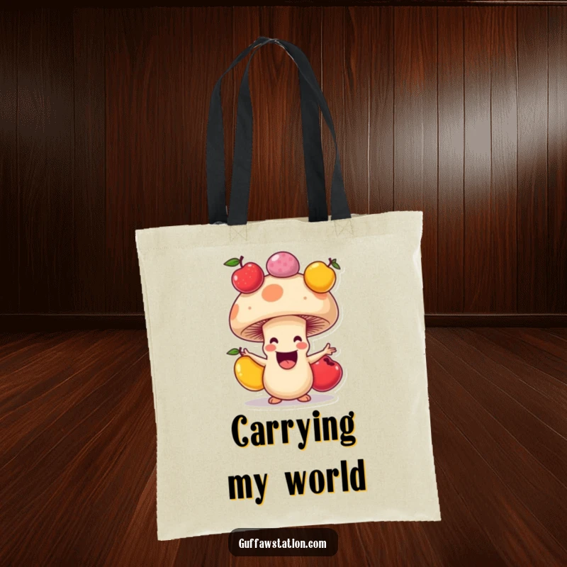 Funny tote bag featuring a happy mushroom with a big grin, juggling colorful fruits in a playful cartoon.