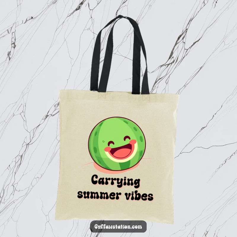 Funny tote bag with a happy watermelon with a big grin rolling downhill, a humorous and practical summer accessory.