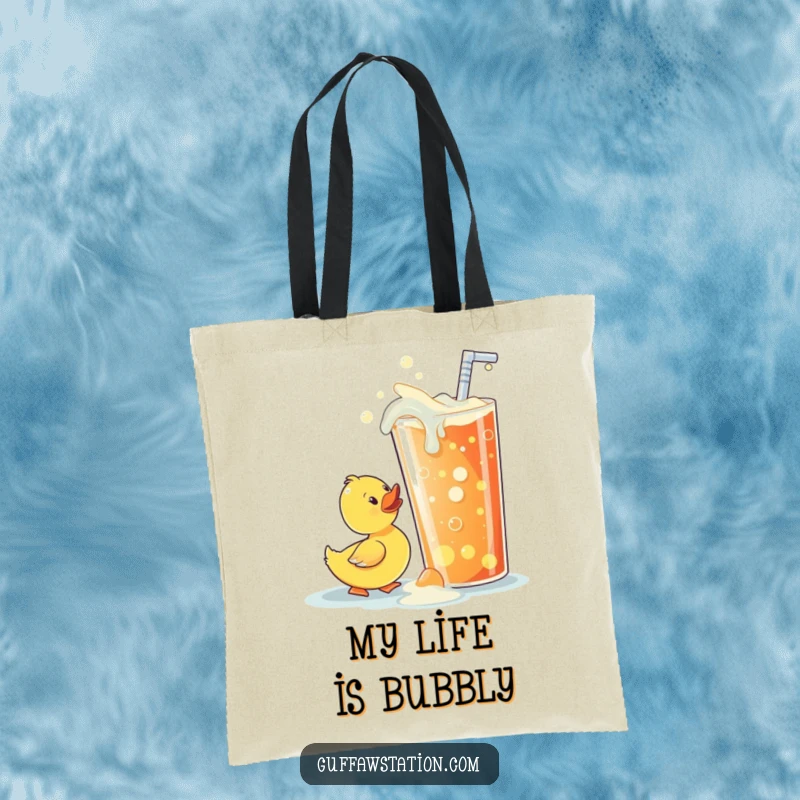 Funny rubber ducky tote bag, comically trying to drink from a giant, overflowing soda cup, illustrating a hilarious struggle.