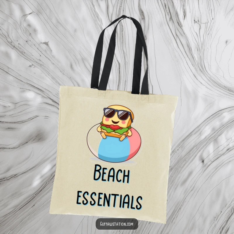 Funny tote bag showing a smiling sandwich in sunglasses relaxing on a beach ball, a cartoon symbol of leisure.