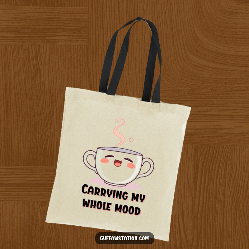 Funny tote bag with a sleepy teacup character yawning, steam forming a smiley face, ideal for carrying essentials with humorous charm.