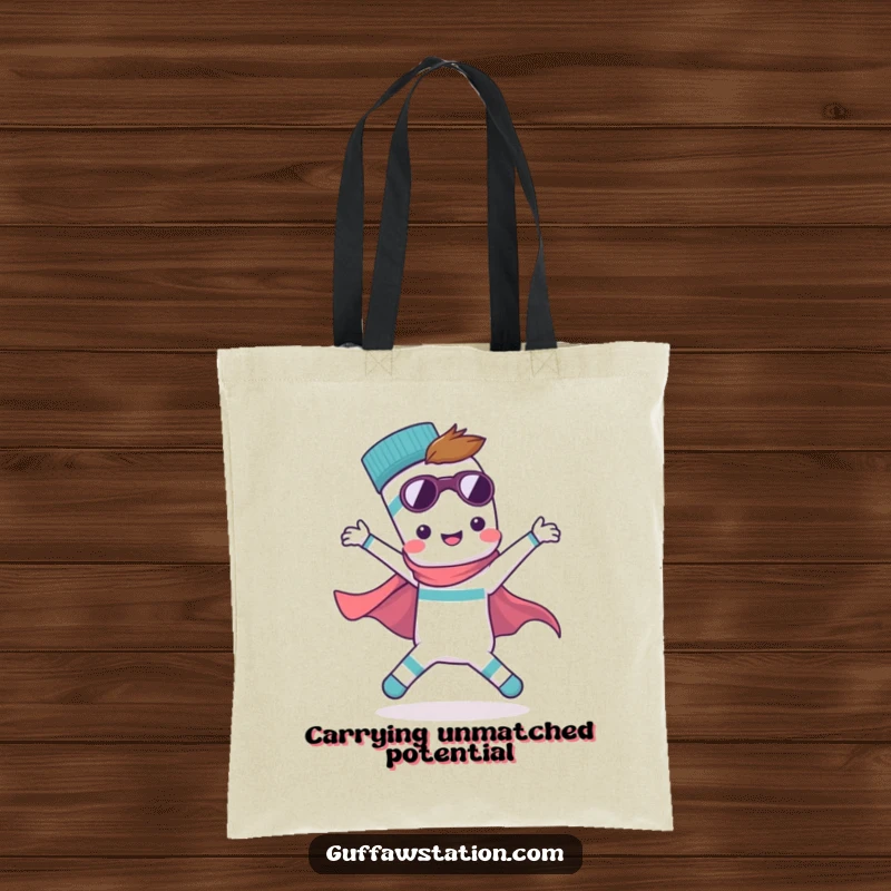 Funny tote bag showcasing a single, determined sock in a superhero pose, ready for adventure. Lightweight and humorous accessory.