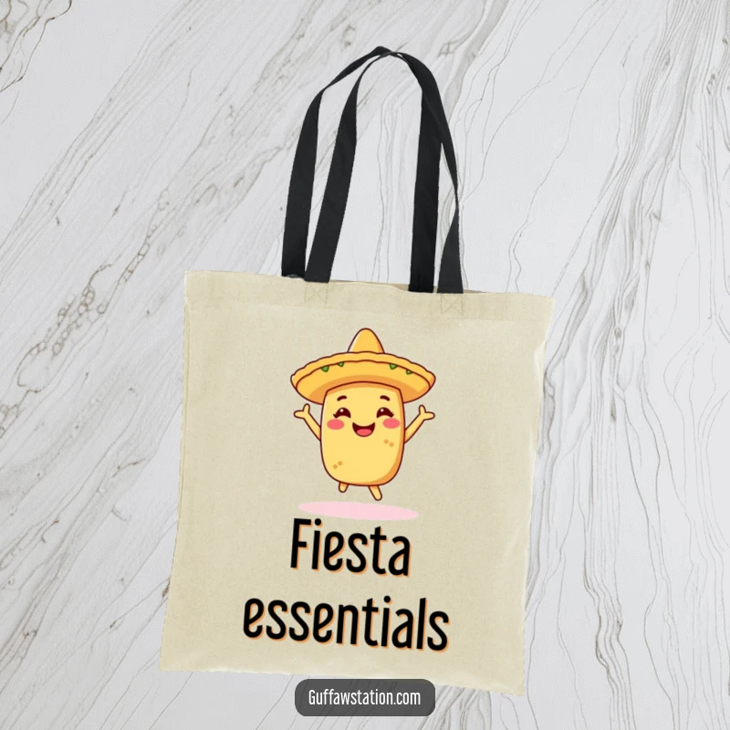 Funny tote bag showcasing a cheerful taco in a sombrero, performing a celebratory dance, perfect for market trips and festive occasions.