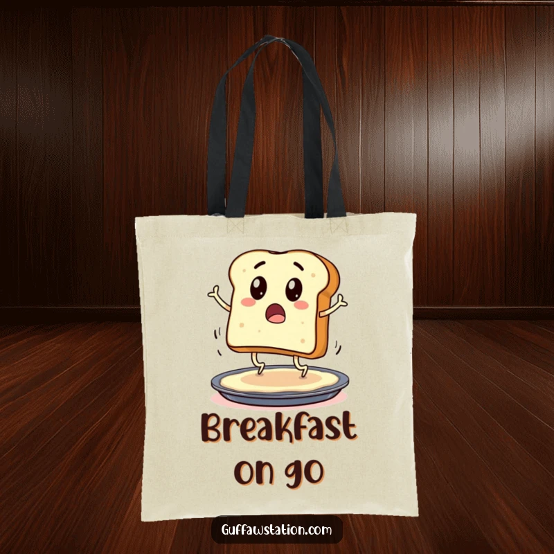 Funny tote bag with a surprised toast character wearing legs, hopping onto a buttered pan, ideal for shopping.