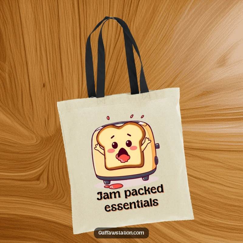 Funny tote bag showing a surprised slice of toast leaping from a toaster with jam splatter, a humorous accessory.
