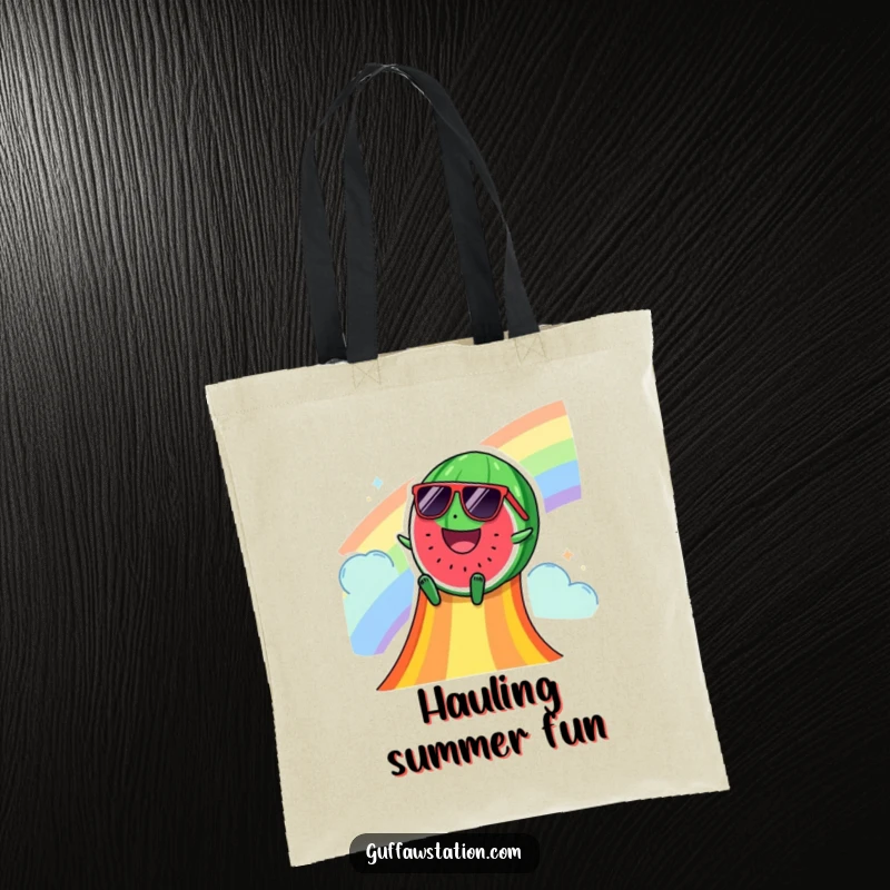 Funny tote bag illustrated with a happy watermelon wearing sunglasses, sliding down a rainbow slide, perfect for carrying summer essentials.
