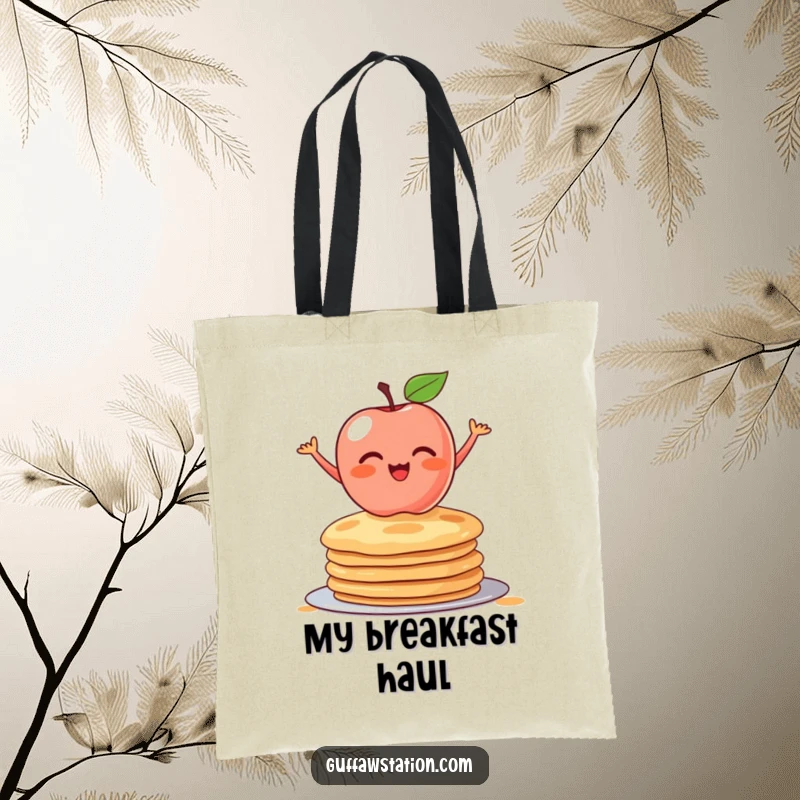 Funny tote bag illustration of a blushing apple balancing on a stack of pancakes. Charming and humorous accessory for daily use.