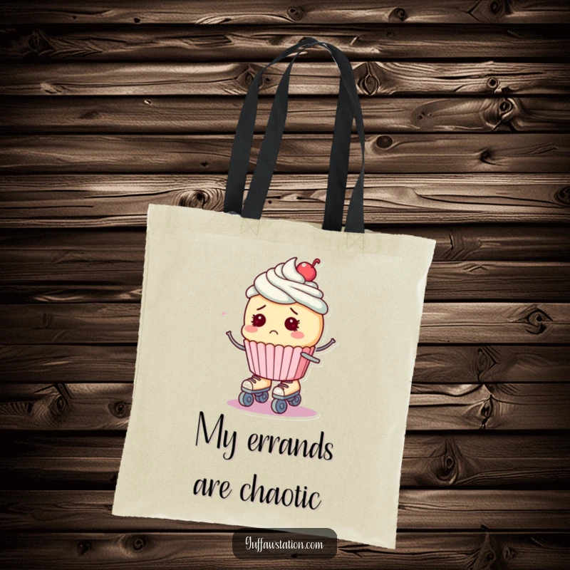 Funny tote bag with a bewildered cupcake attempting to roller skate, looking surprised and off-balance.