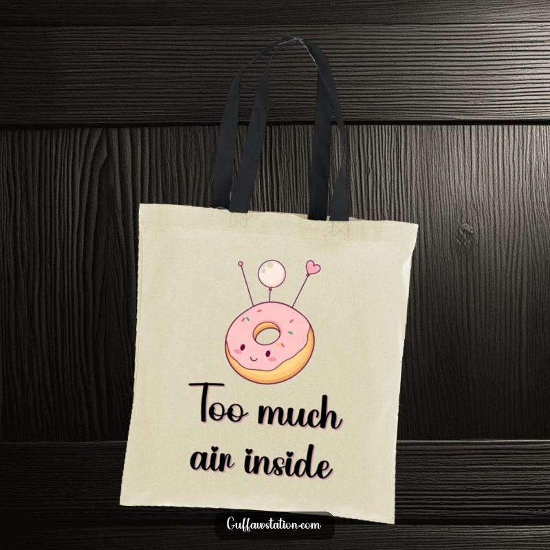 Funny tote bag with a chubby donut character inflating and floating upwards, ideal for carrying essentials with a touch of sweet humor.